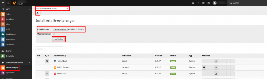 Typo 3 Backend installierte Erweiterungen