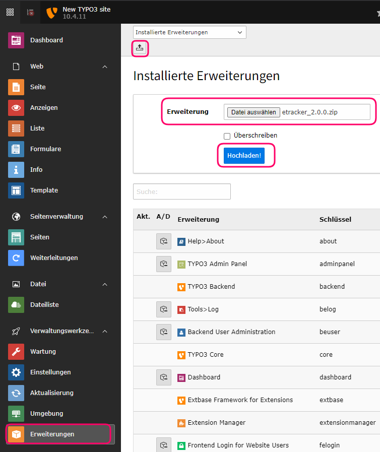 Typo3 Backend installierte Erweiterungen