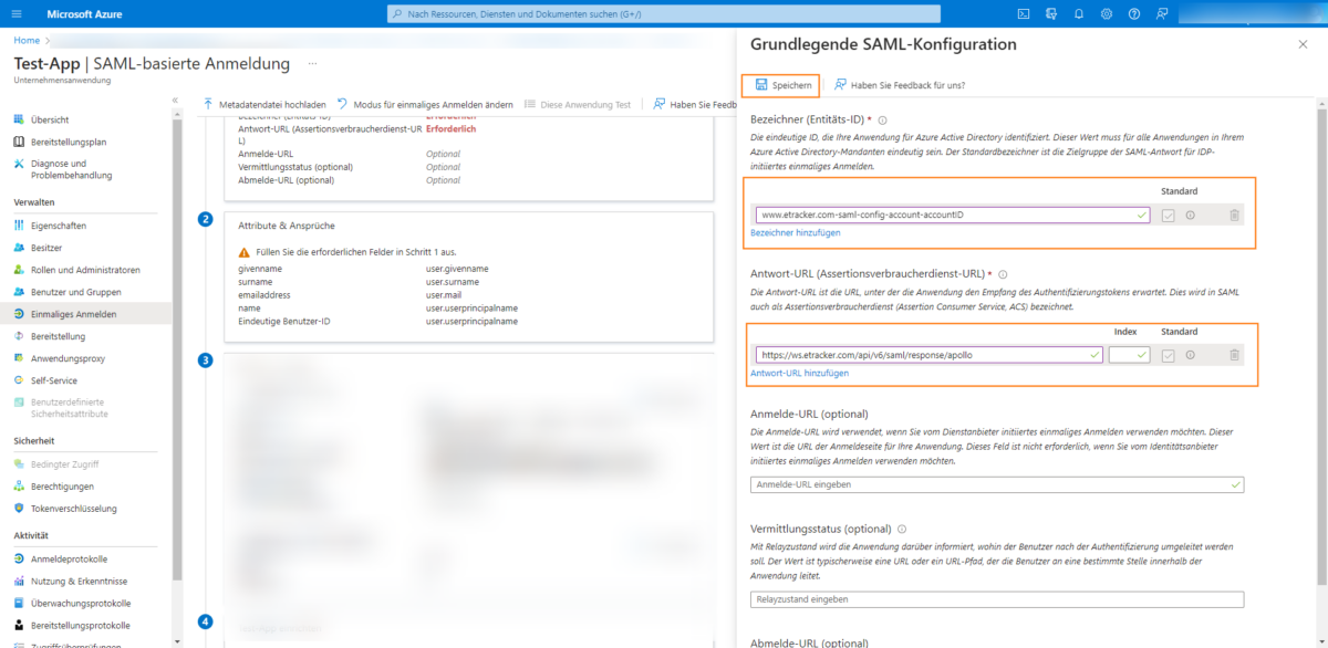 Azure Active Directory Einstellungen speichern