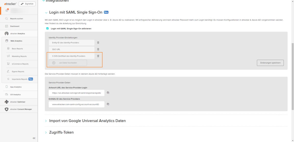 Zertifikat in etracker Applikation hochladen