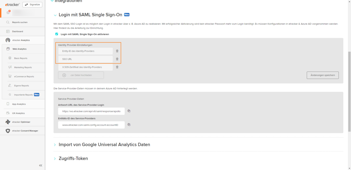 Insert URL for login and Azure Ad identifier in etracker analytics