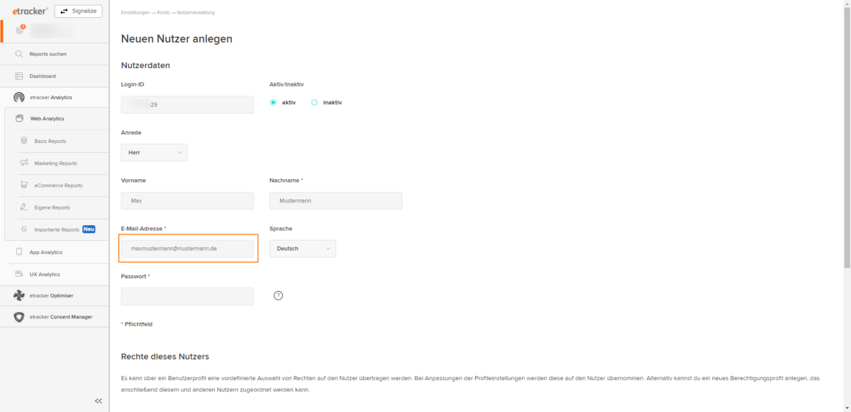 Nutzer erstellen in etracker analytics