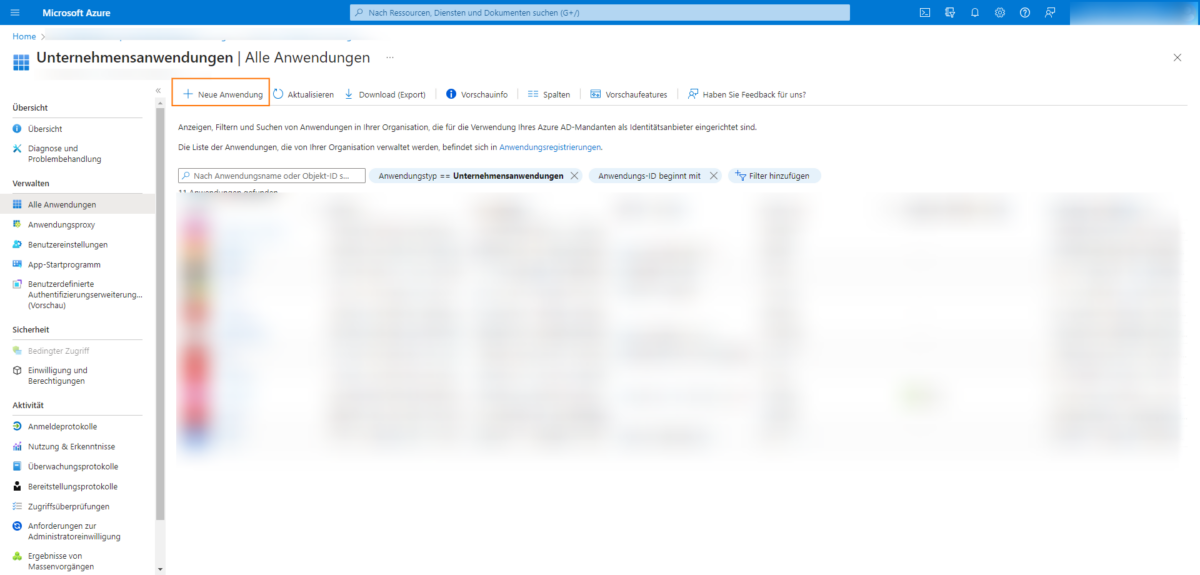 Azure Active Directory neue Anwendung