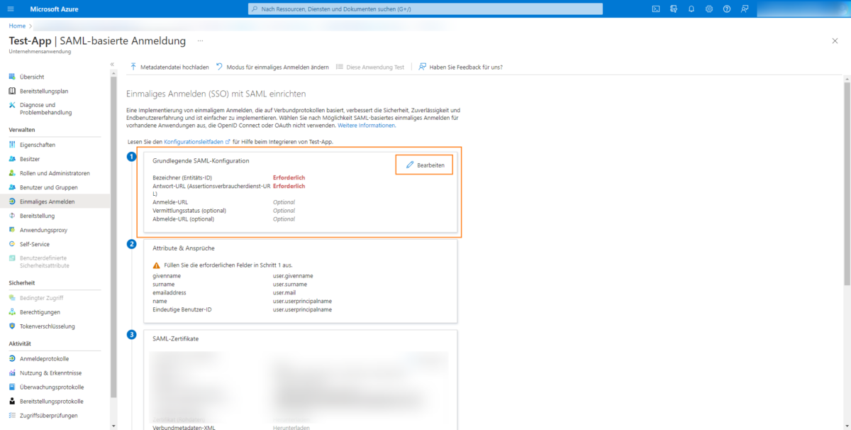 Azure Active Directory SAML Konfiguration