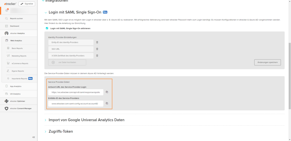 SAML configuration via etracker application