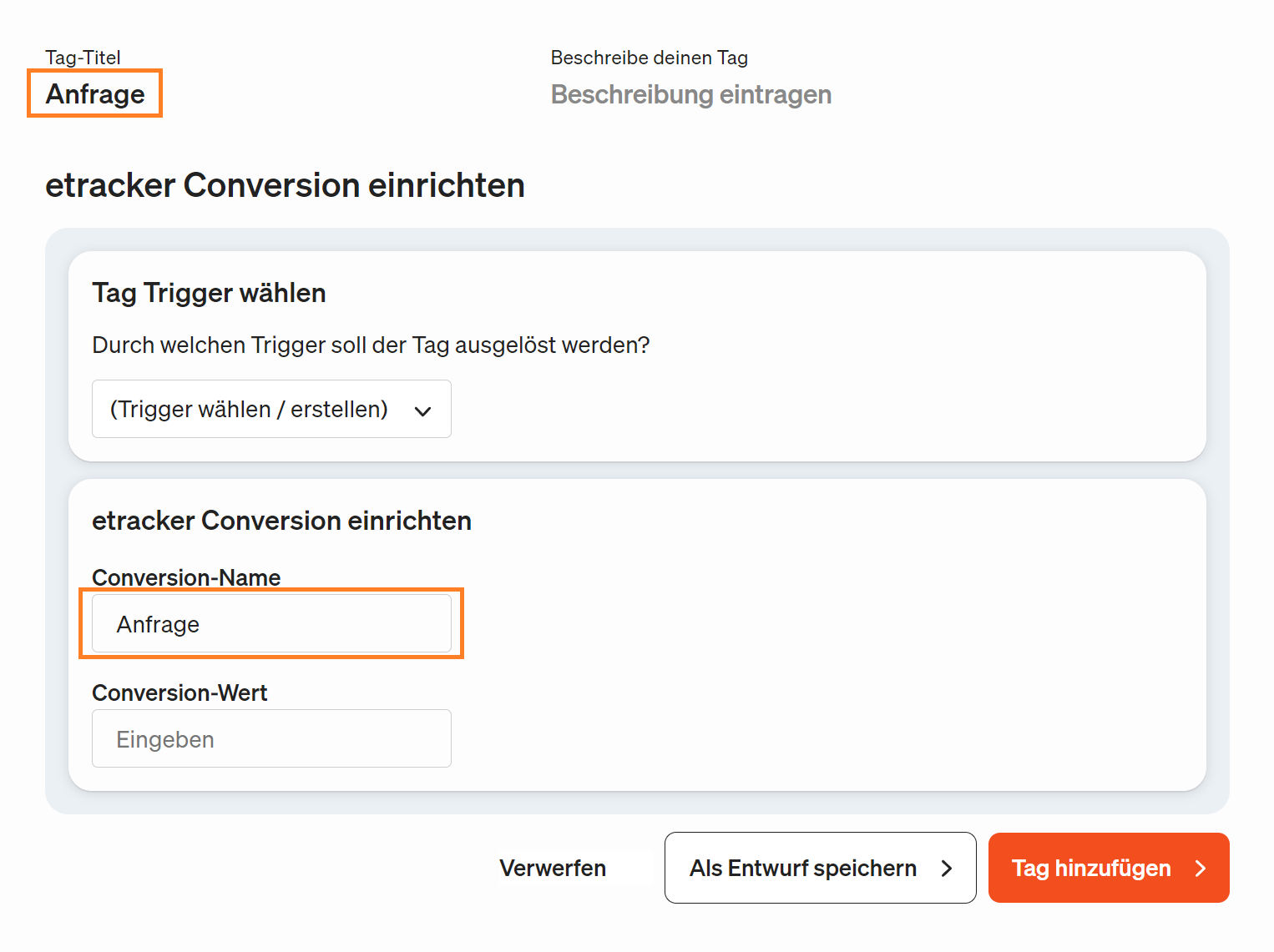 Configuration of an etracker conversion.