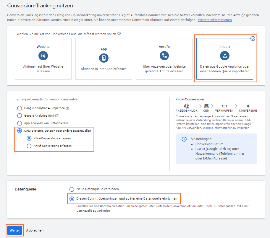Alte Oberfläche Google Ads Auswahl Import