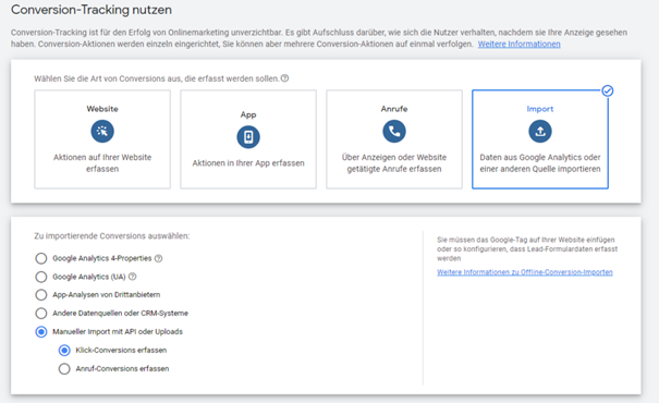 Hier nimmst du die Einstellungen für den Import in Google Ads vor