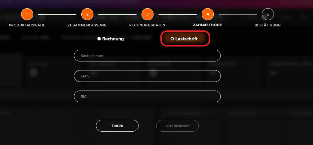 Wähle Lastschrift als Zahlungsmethode aus und gebe deine Bankverindung an