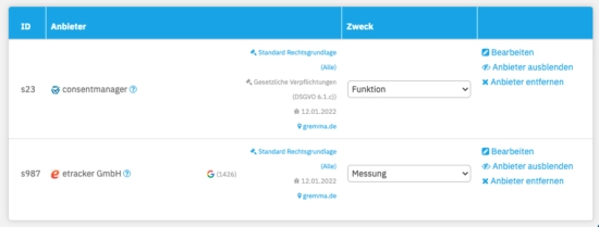 Anbieter in ConsentManager-Oberfläche eintragen