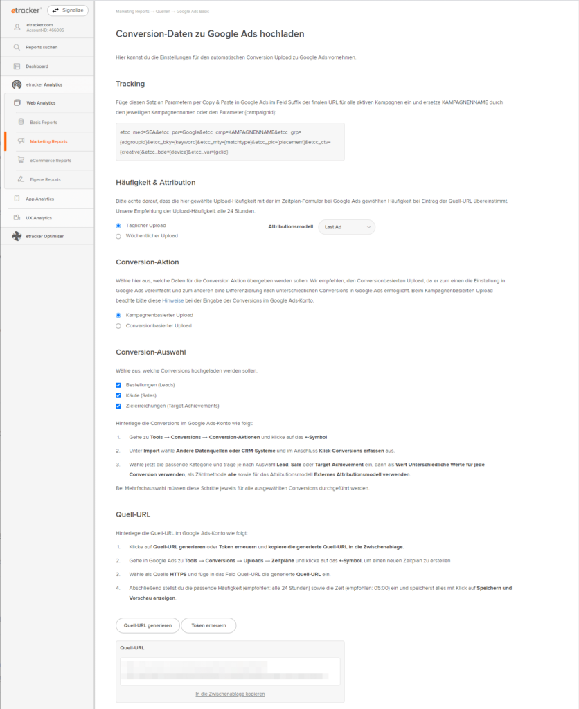 Set up conversion upload in the etracker application