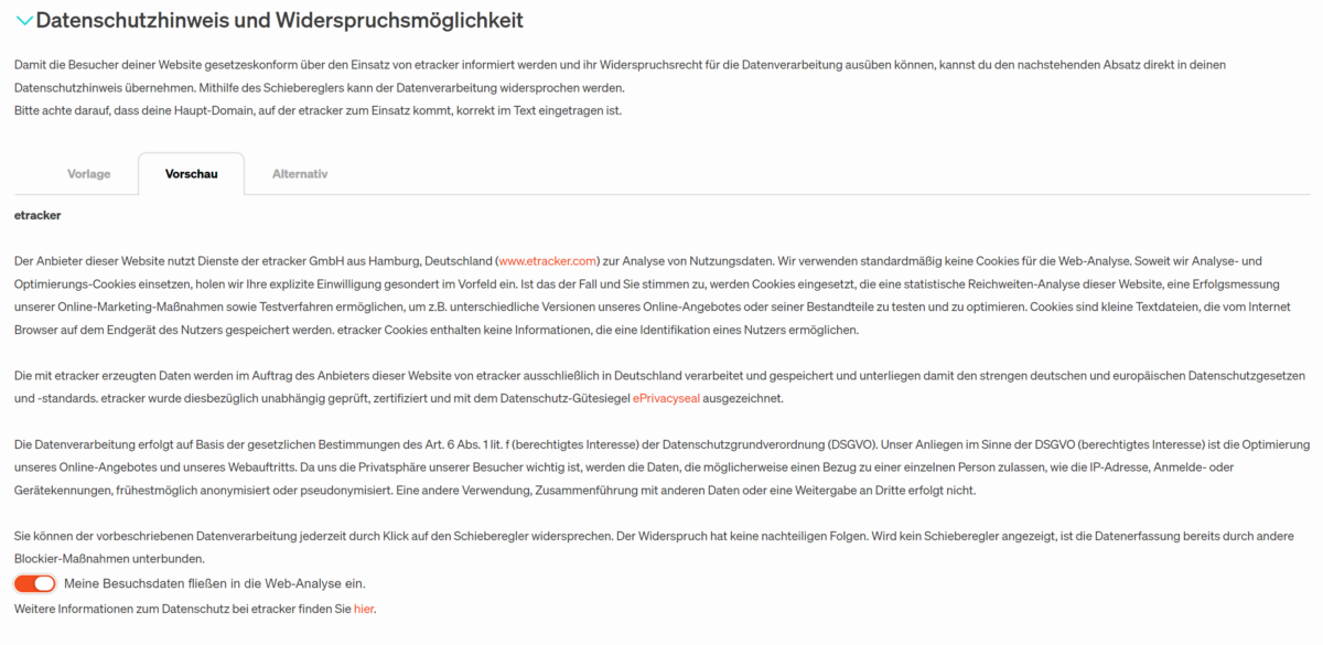 Datenschutzhineis & Widerspruchsmöglichkeit in etracker analytics