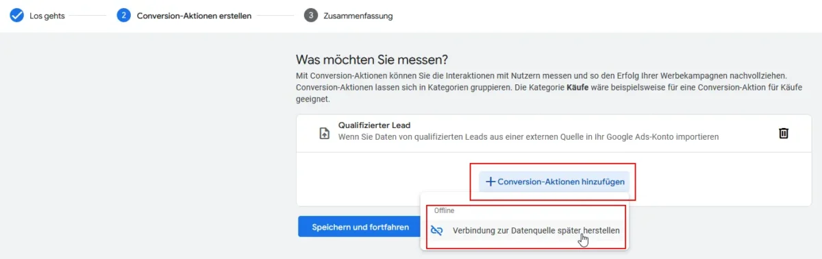 Screenshot Google Ads Konto Conversion Aktion hinzufügen