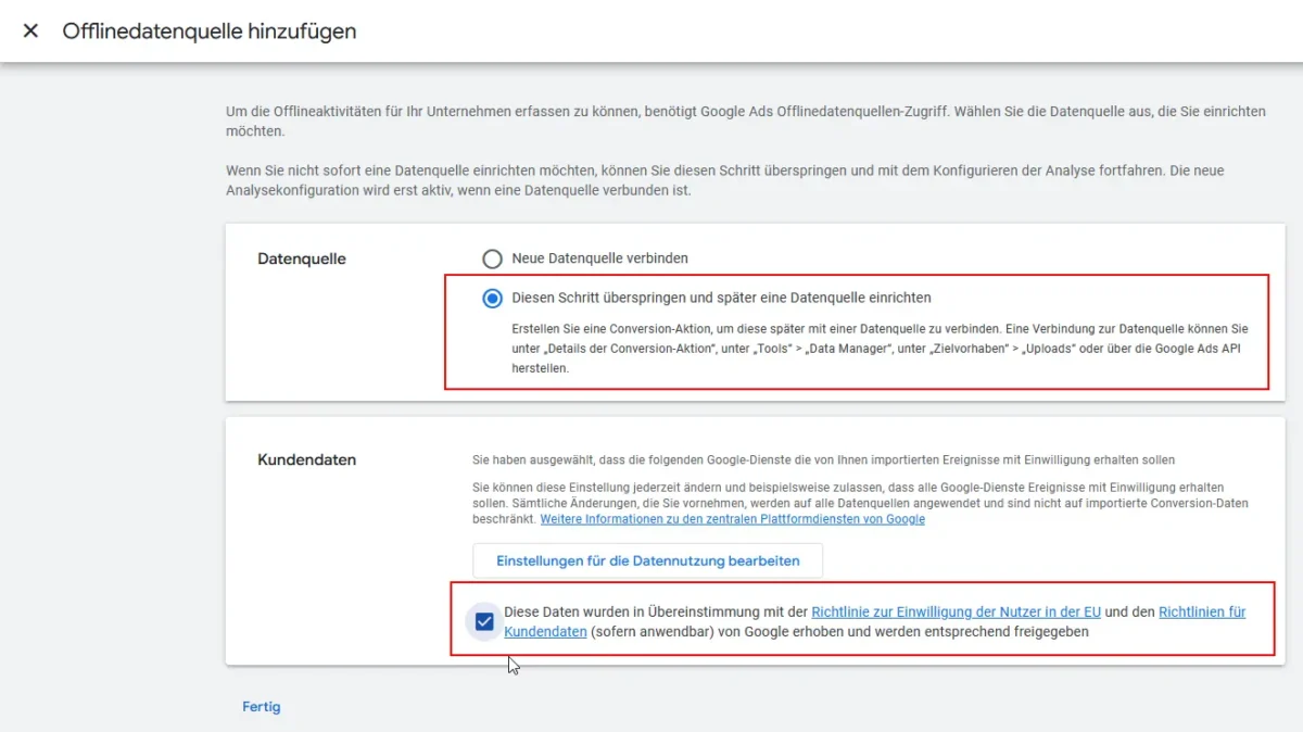 Screenshot offline Datenquelle in Google Ads Konto hinzufügen