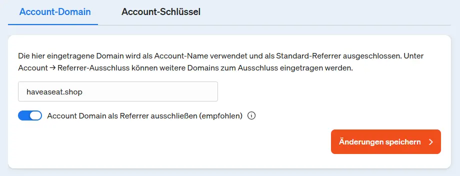 Screenshot etracker analytics Applikation Account Einstellungen - hier trägst du die Account Domain ein, um sie als Referrer auszuschließen