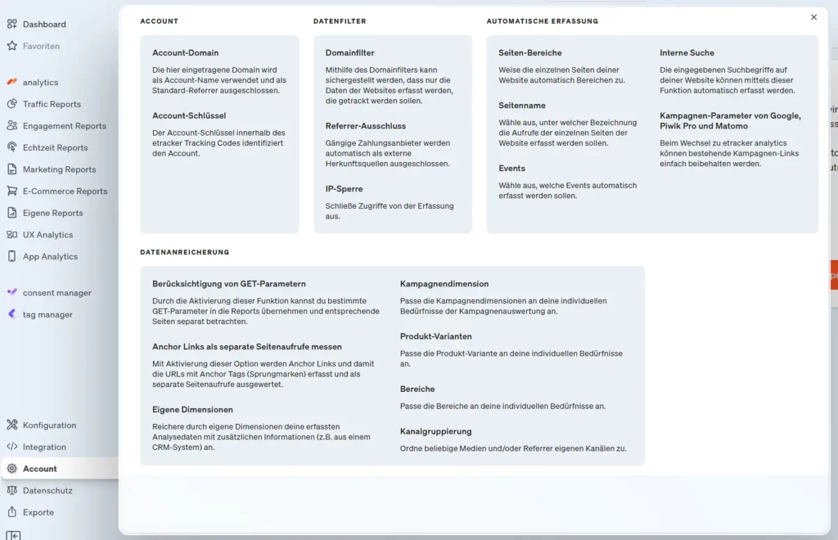 Screenshot etracker analytics Applikation Account Einstellungen