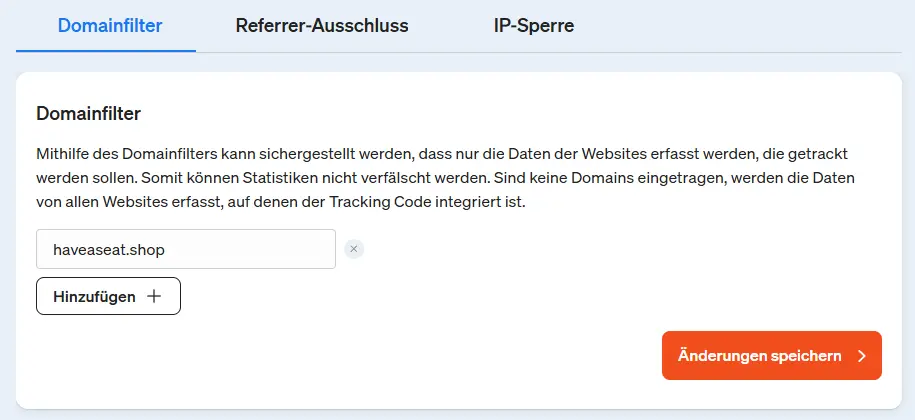 Screenshot etracker analytics Applikation - Eintraung des Domainfilters um Tagging Fraud zu verhindern