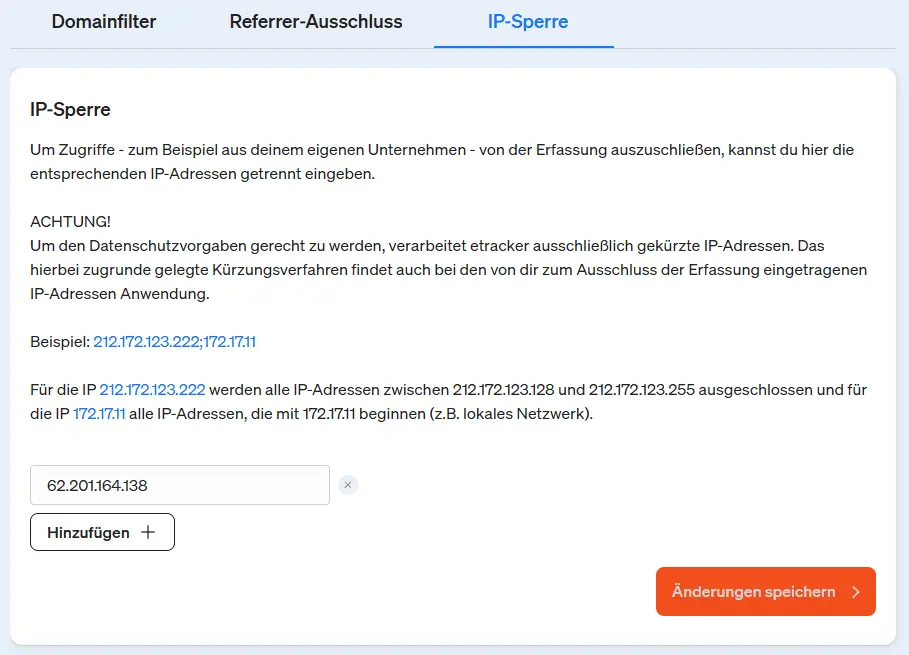 Screenshot etracker analytics Applikation - IP Sperre