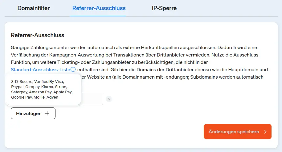Screenshot etracker analytics Applikation - Referrer-Ausschluss