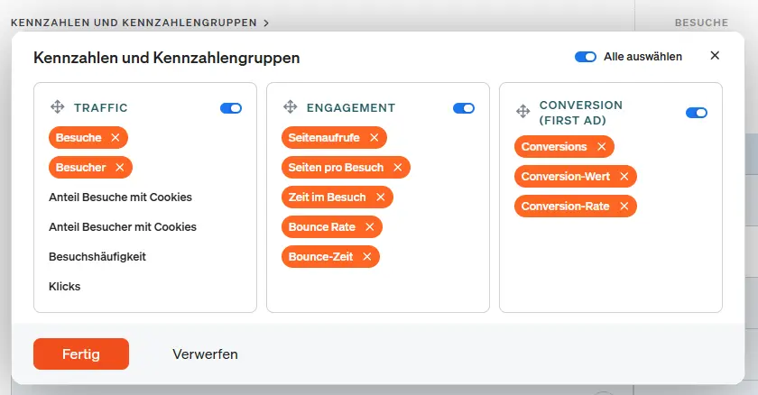 Screenshot - Auswahl der gewünschten Kennzahlen, die in einem etracker analytocs Report angezeigt werden können
