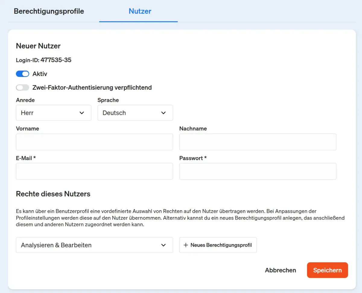 Screenshot Oberfläche neuen Nutzer in etracker analytics anlegen