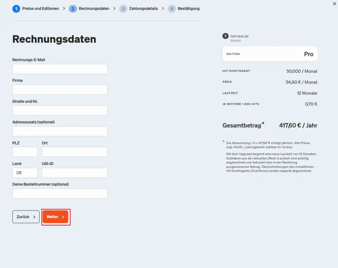 Hier gibst du die Daten des rechnungsempfängers im Bestellprozess ein