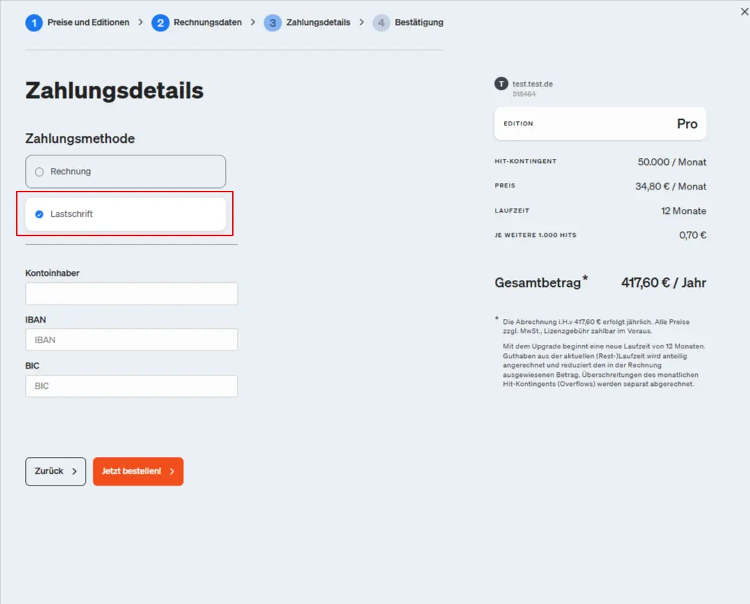 Hier trägst du im Bestell-Prozess deine Bankdaten ein, sofern du als Zahlungsmethode Lastschrift gewählt hast.