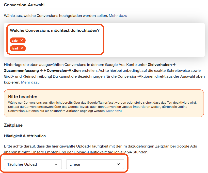 Konfiguration der Conversion Uploads