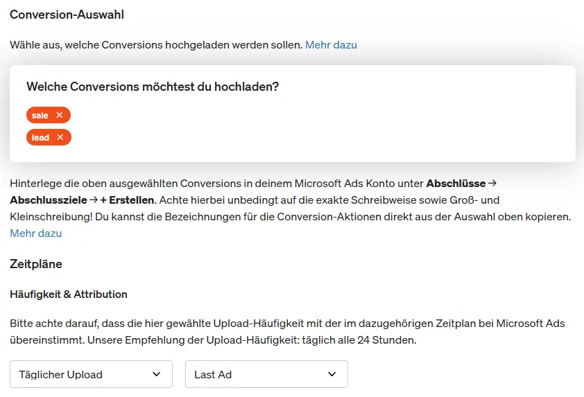 Konfiguration Conversion Upload Microsoft Ads
