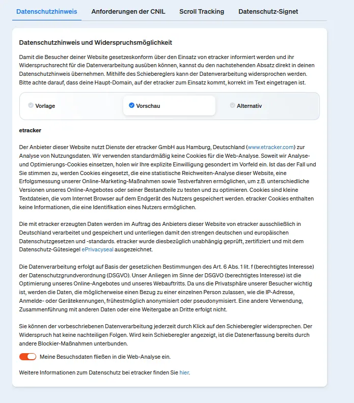 Screenshot etracker analytics Applikation - Datenschutzhinweis