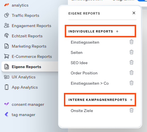 Screenshots Menü der eigenen Reports in etracker analytics