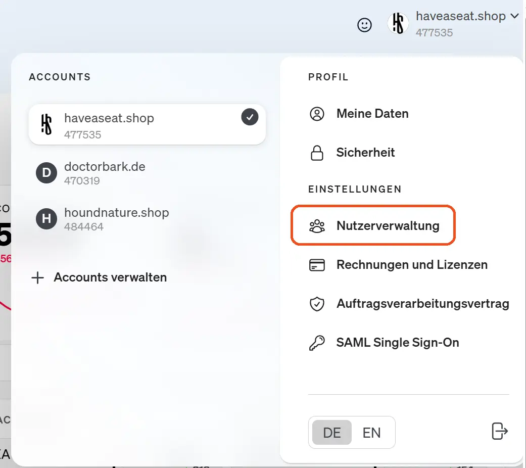 Screenshot des Menüpunkts Nutzerverwaltung in der etracker analytics Applikation