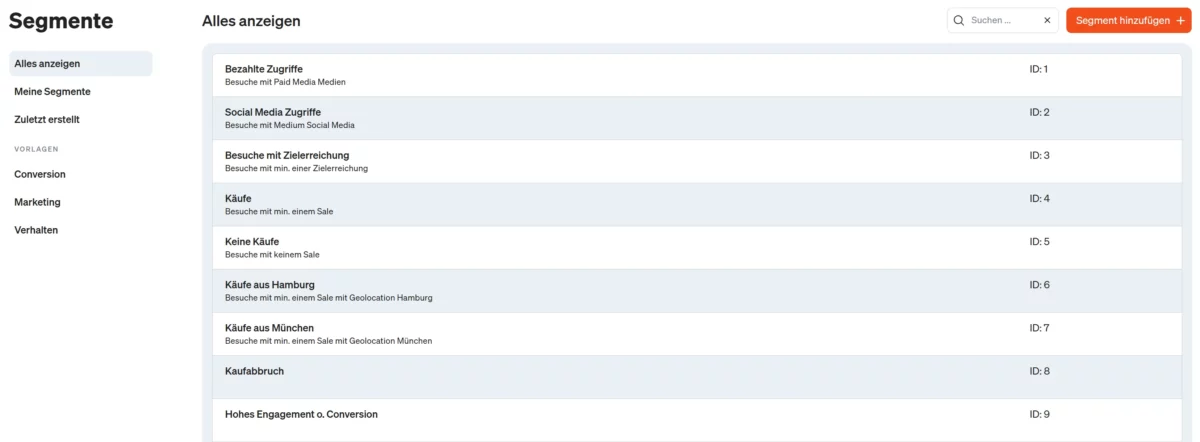 Screenshot Segment Verwaltung in etracker analytics