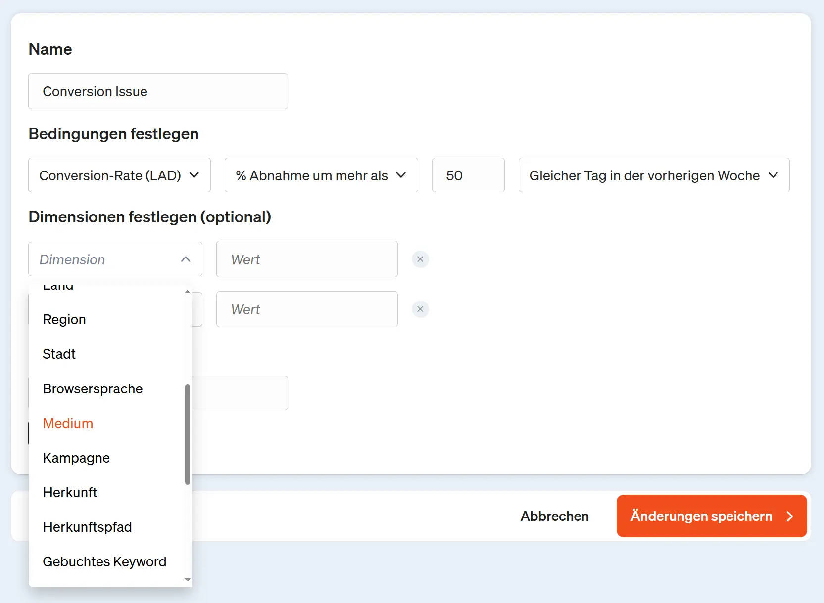 Hier erstellt man einen neuen Alarm in etracker analytics