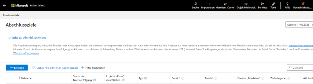Microsoft Ads Abschlussziele definieren