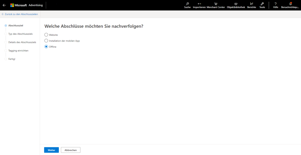 Offline als Abschlussziel in Microsoft Ads definieren