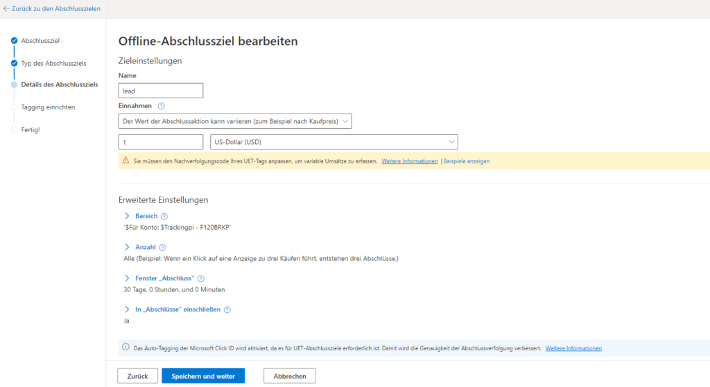 Offline Abschlussziel in Microsoft Ads bearbeiten