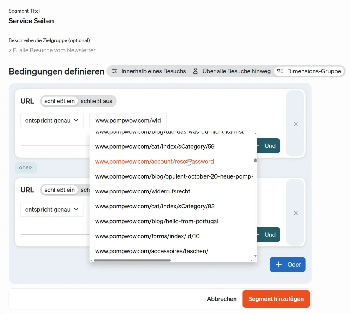 Screenshot Dimensions-Gruppen in etracker analytics bilden