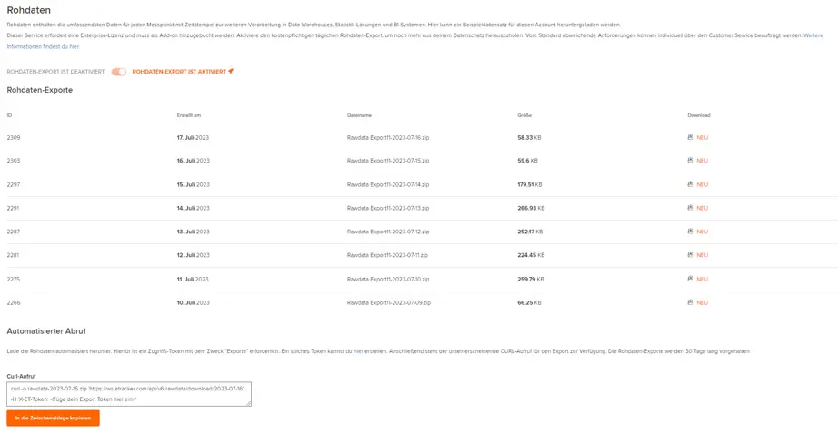 Raw data export to etracker analytics