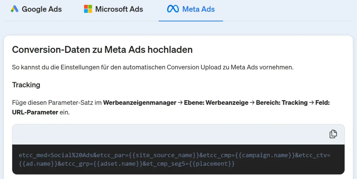 Mit Klick auf Meta Ads gelangst du zu Konfiguration des Meta Conversion-Uploads