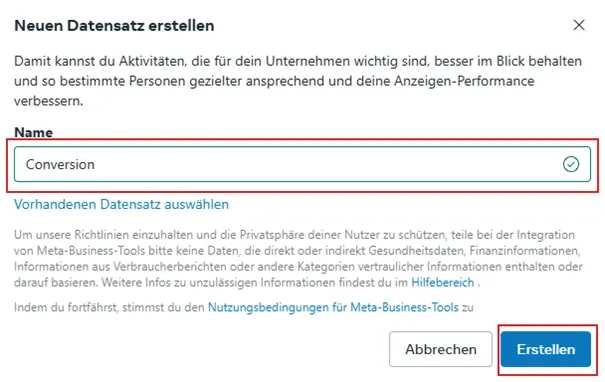 Vergebe einen Namen für das Pixel, wie z.B. Conversion