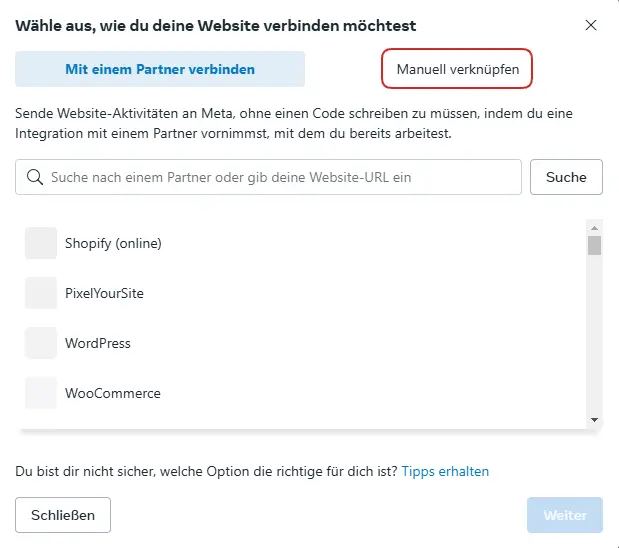 Manuelles Verknüpfen der Website-Aktivitäten an Meta.