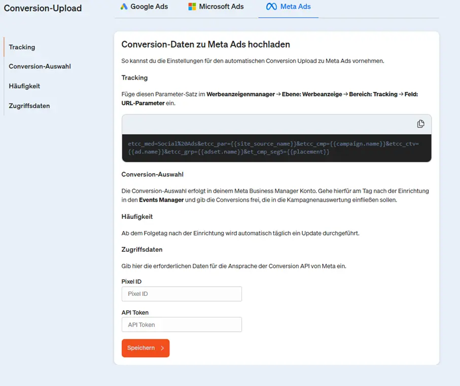 Hier konfigurierst du den Meta Ads Conversion-Upload in etracker analytics