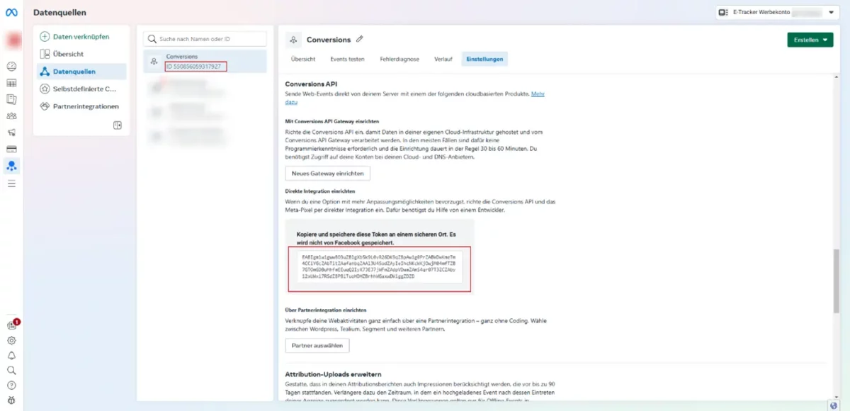 Hier wird gezeigt wo du den API-Token und die Pixel ID im Meta Business Manager findest, die du in etracker analytics übertragen musst