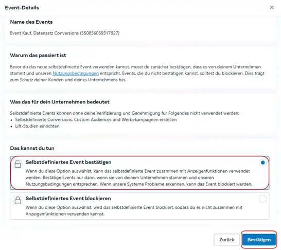 In der Detail-Übersicht muss selbstdefiniertes Event bestätigen ausgewählt werden