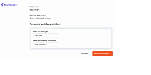 Hier richtest du im etracker tag manager die Datalyer Variable ein
