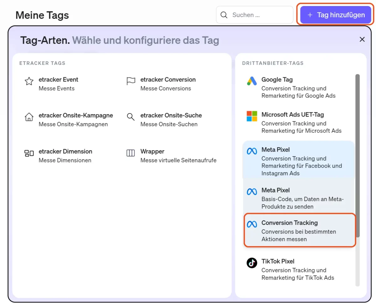 Hier richtest du im etracker tag manager nun das meta conversion Tag ein