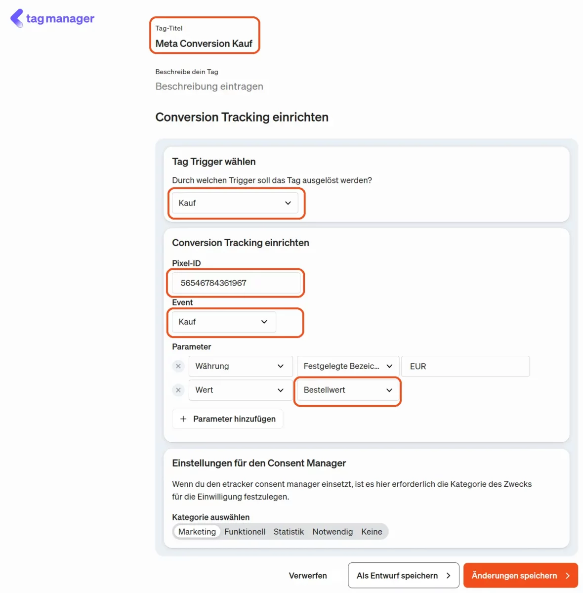 Hier konfigurierst du das Meta Conversion Tag im etracker tag manager