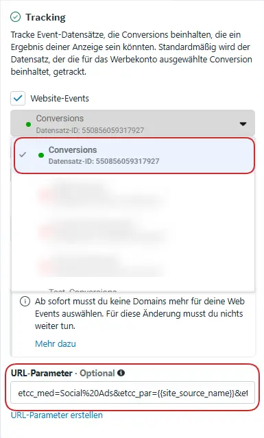 Hier fügst du den Parameter-Satz im Meta Werbeanzeigenmanager auf Ebene Werbeanzeige im Bereich Tracking im Feld URL-Parameter für alle aktiven Ads ein