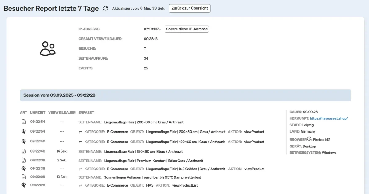 Screenshot Report Letzte Besucher in etracker analytics